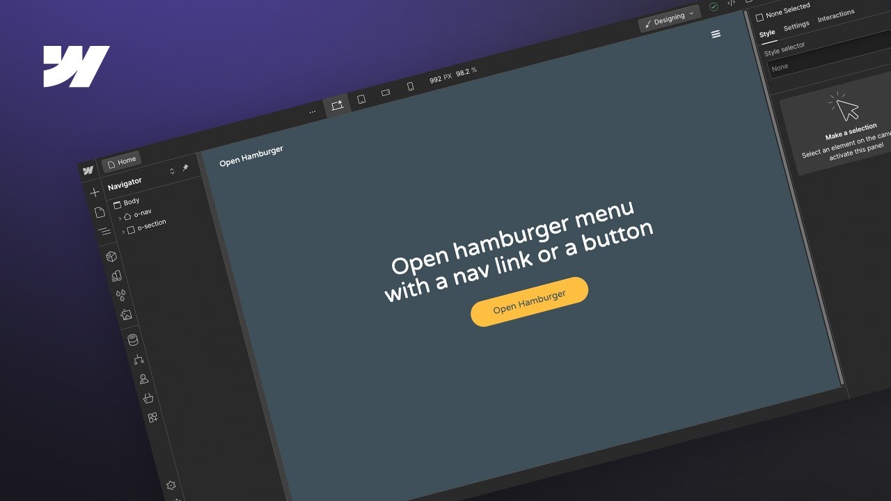 How to open a hamburger menu with a nav link or button inside of Webflow