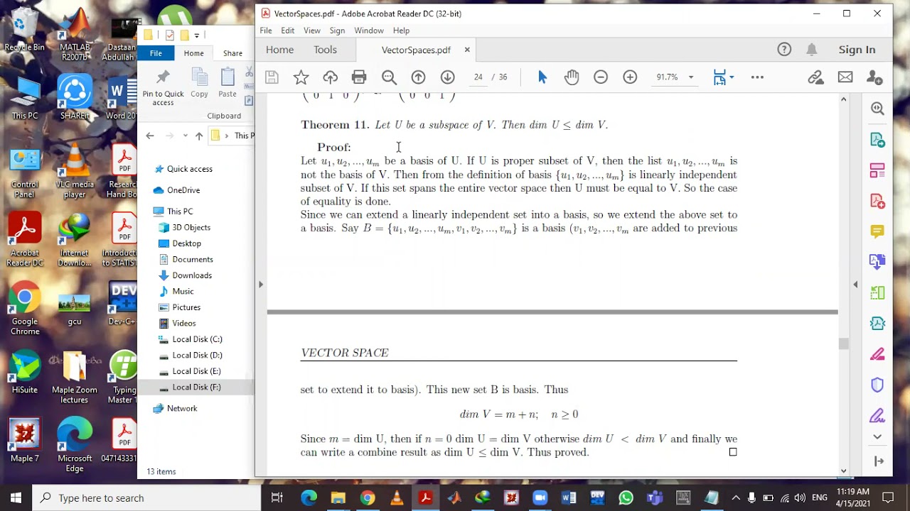 Theorem of dimensions of a Vector Space and its subspace part 1