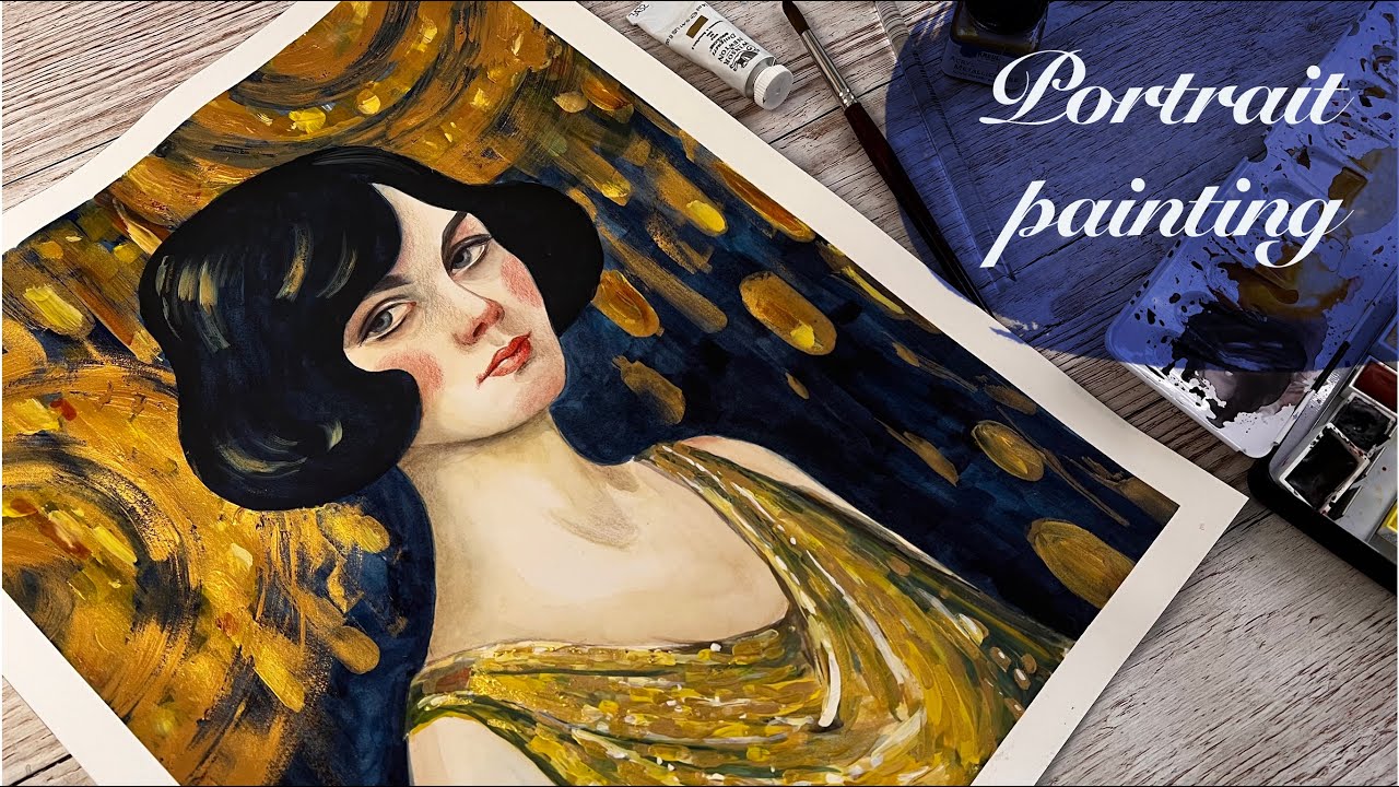 Watercolor Portrait painting inspired by Klimt & Great Gatsby