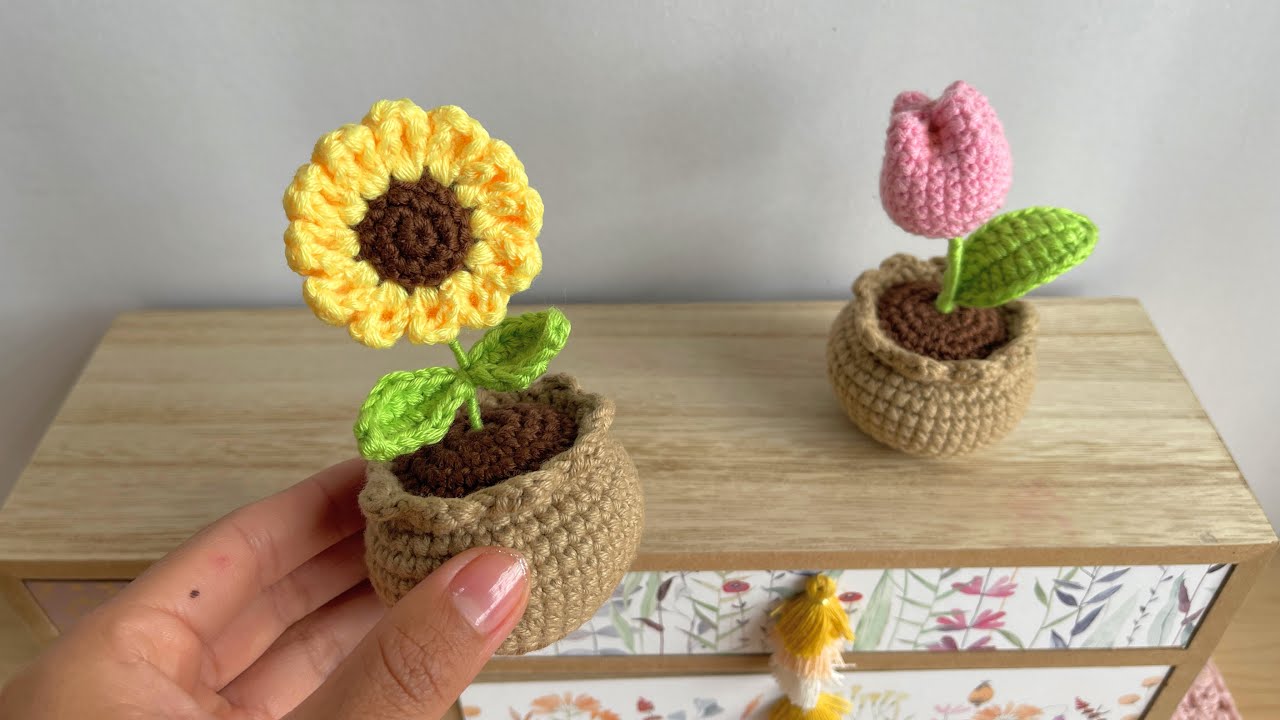 GIRASOL y TULIPÁN en mini maceta TEJIDOS a crochet 🌻🌷tutorial paso a paso