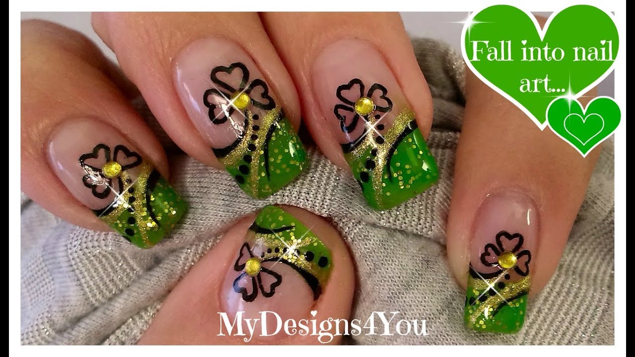 St. Patrick's Day Nail Art | Green and Gold, Shamrock French ♥