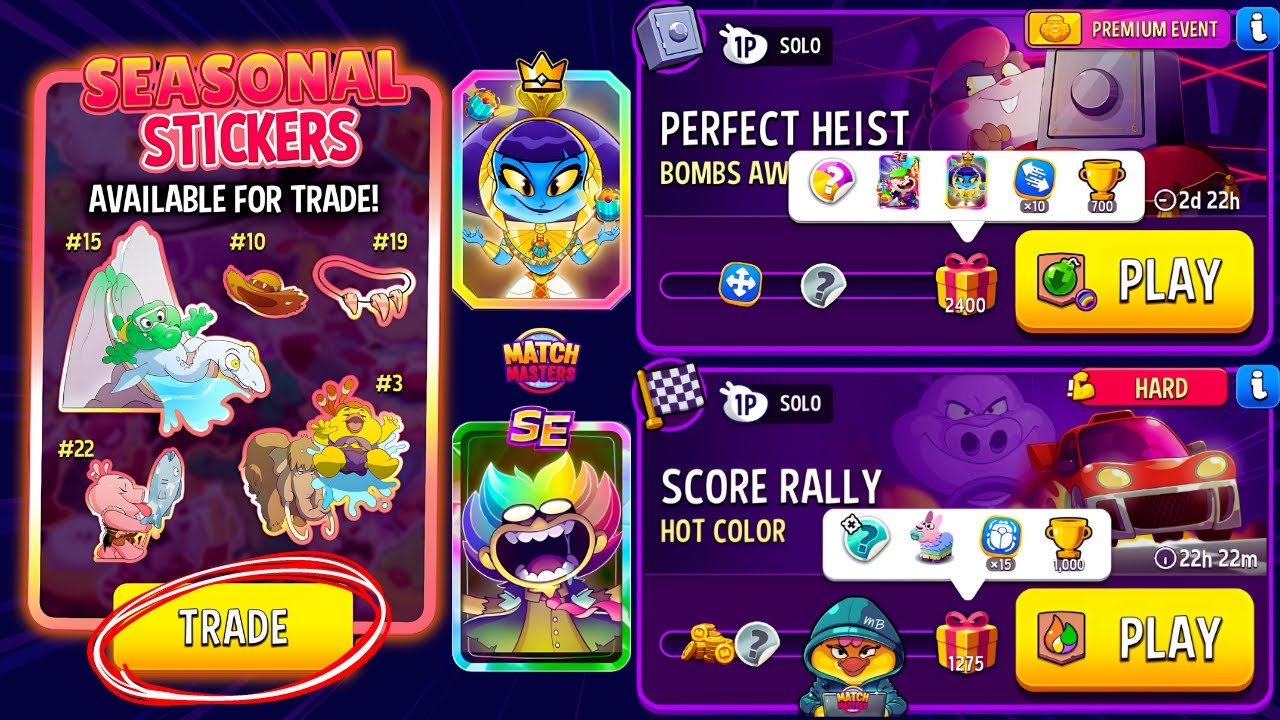 SEASONAL STICKER TRADE/ HARD Hot Color Solo Score Rally 1275p/ Bombs Away Perfect Heist 2400p