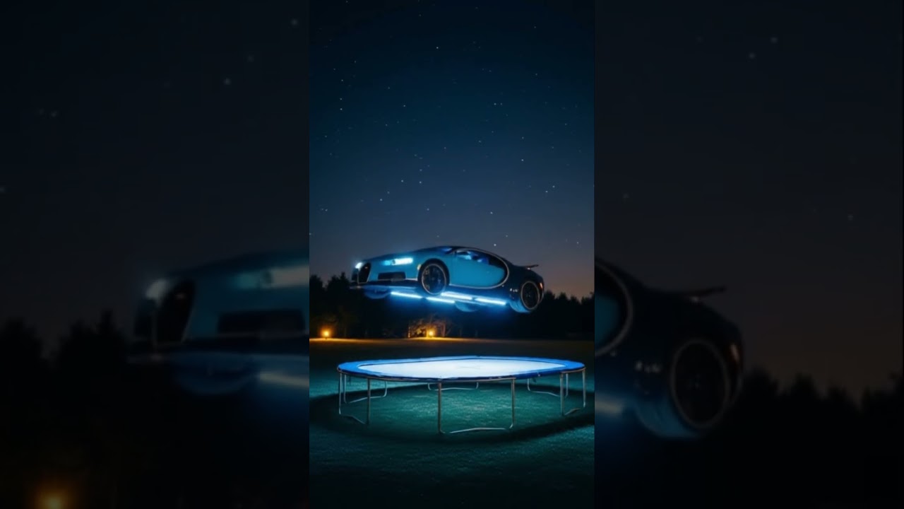 Bugatti jumping on trampoline at night