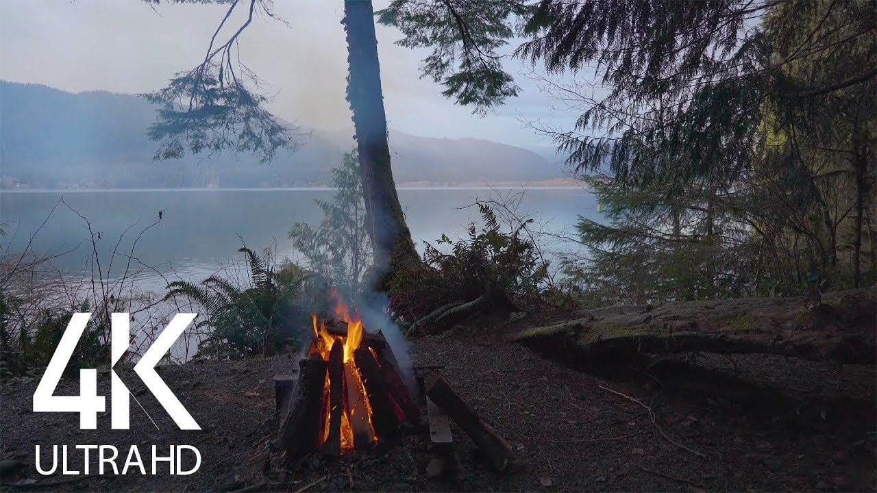 4K Campfire at the Mountain Lake with Calming Crackling Fire Sound - 8 Hours