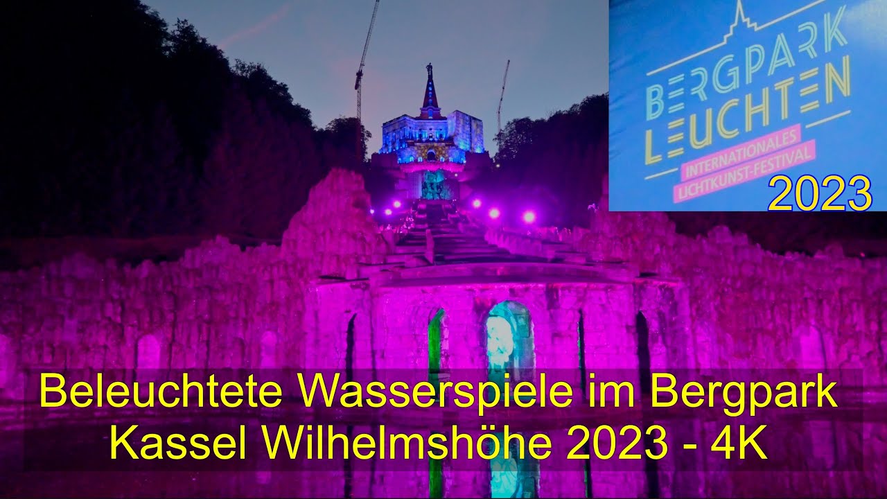 Beleuchtete Wasserspiele im Bergpark Kassel Wilhelmshöhe 2023 - 4K video