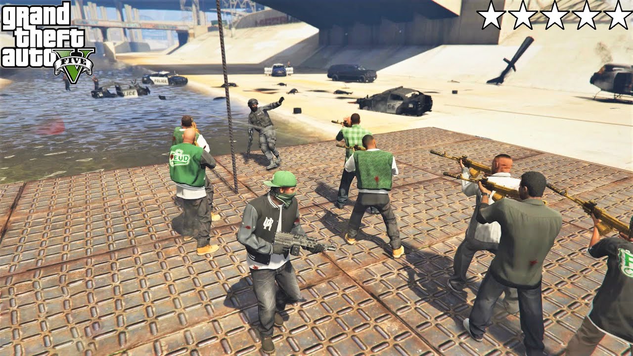 GTA 5 - Franklin And The Families FIVE STAR COP BATTLE In The LS RIVER