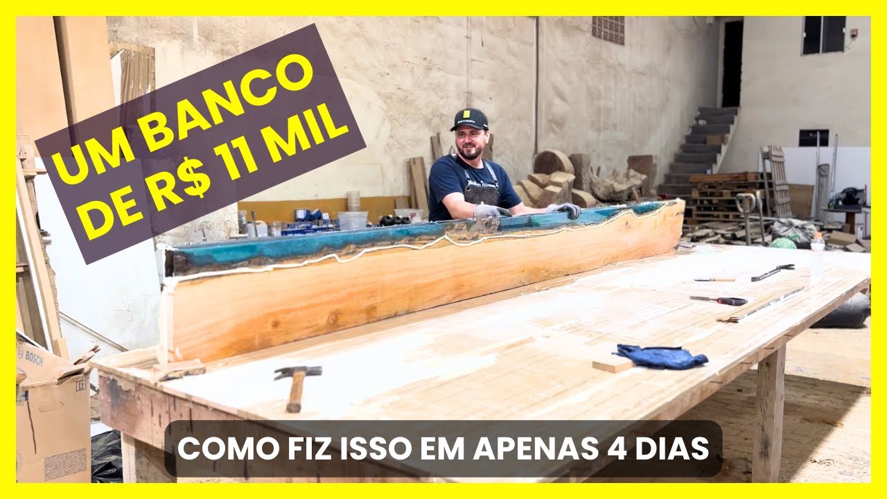 Um banco de 11 mil reais feito de madeira e resina epóxi.