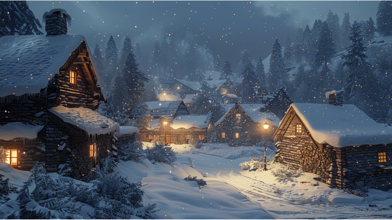 Snowfall Over a Winter Cabin Village | Ambient Fantasy Music for Sleep & Study