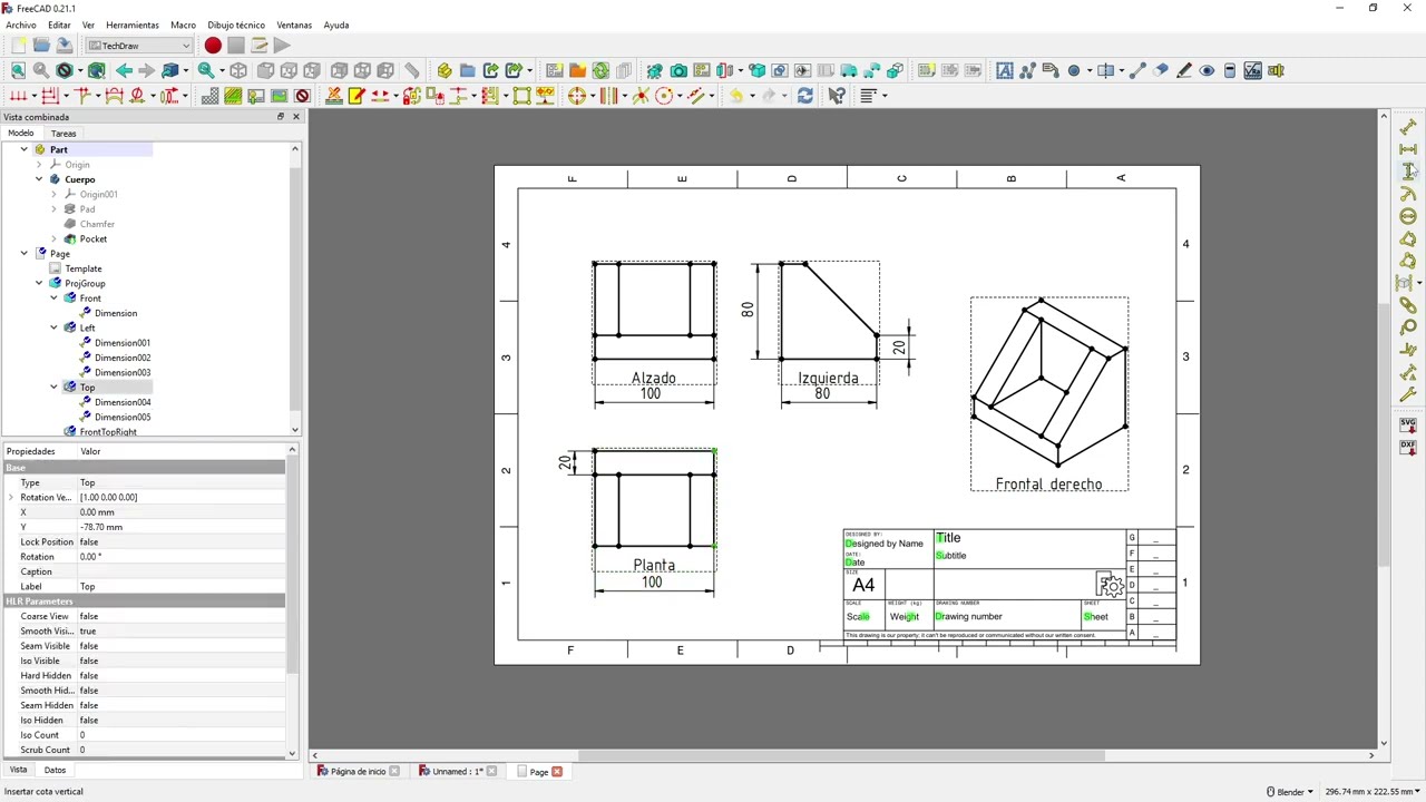 FreeCAD para principiantes Ejercicio 15 TechDraw para Planos y operación Chaflan