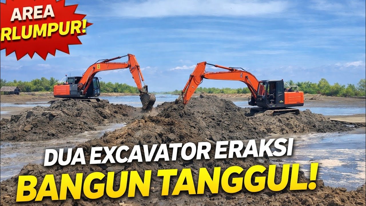 Two Excavators in Action Building an Embankment in a Muddy Area!😱#excavator#heavyequipment#beko