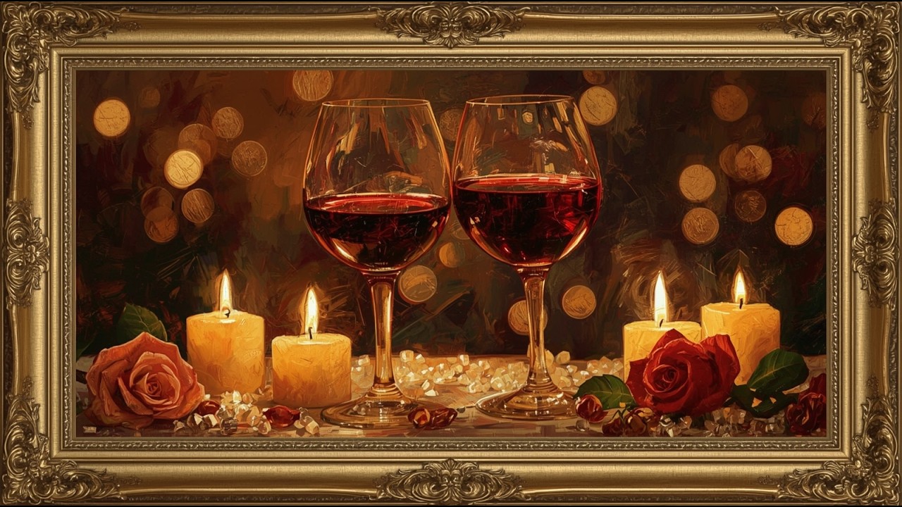 Vintage Valentine Wine Glasses Oil Painting | Elegant Gold Frame | Romantic Art | TV Screensaver 4K