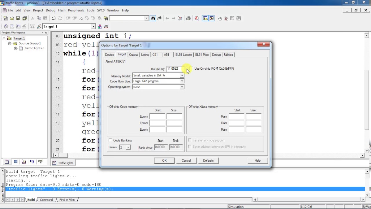 Embedded c program for Traffic lights using 8051 microcntroller with Keil IDE and proteus simulation