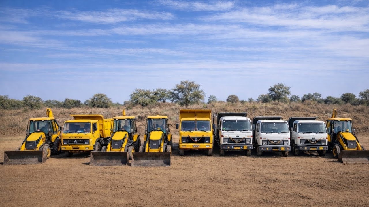 Escort and jcb 3dx 2 bulldozer loading red mud on Ashok Leyland dump truck and stunt to bulldozer ￼