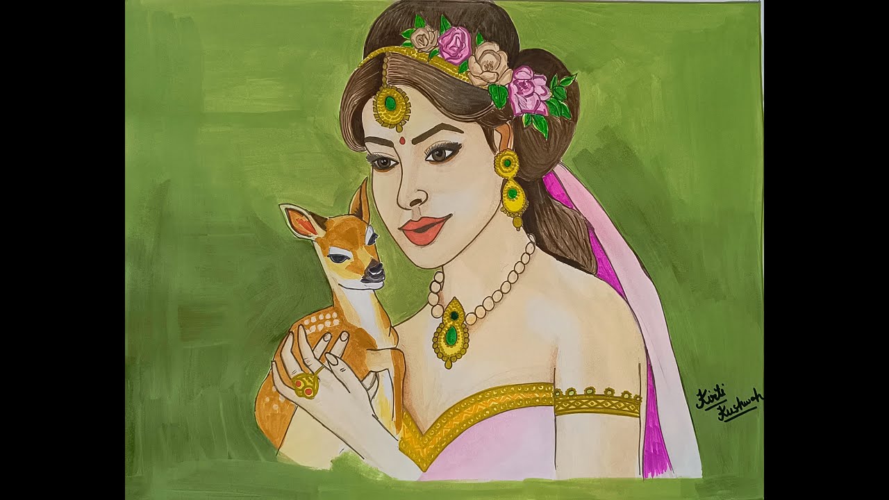 Beautiful Indian Woman with Deer Painting | Handmade Watercolor Art