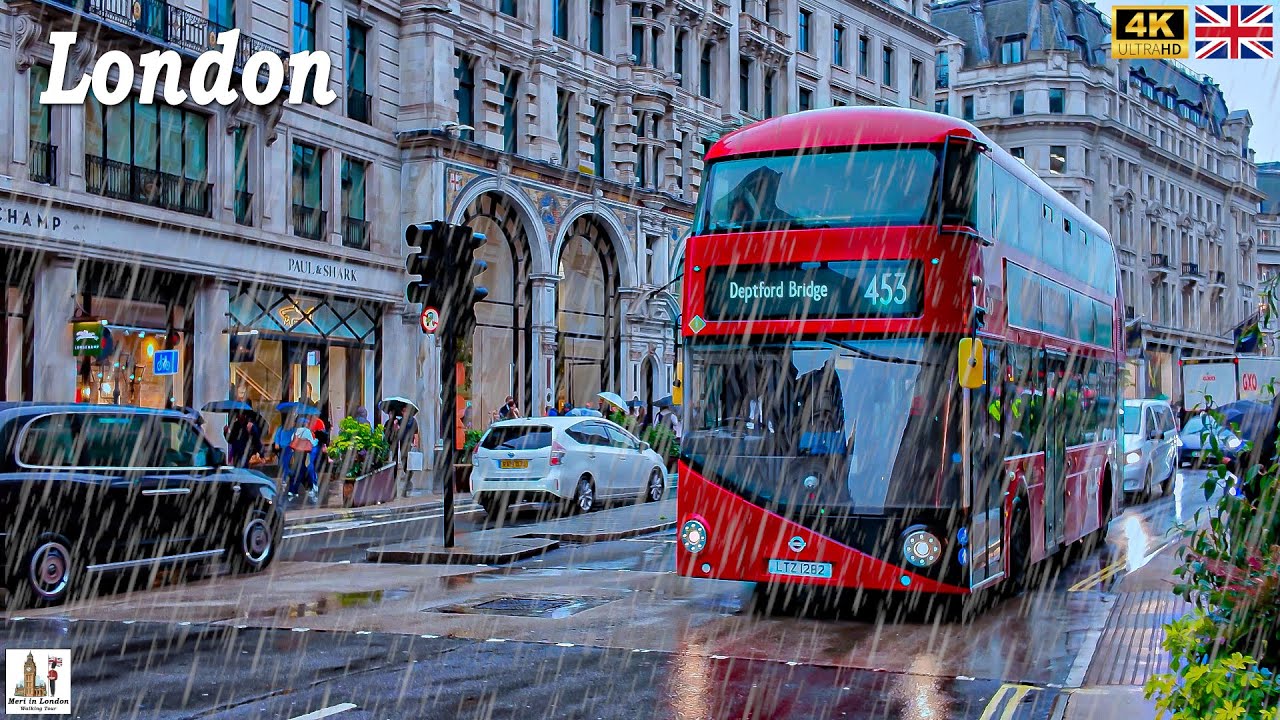 LONDON, England, Rainy Day Walking Tour | ASMR | 4k | Amazing Rainy Day Walk