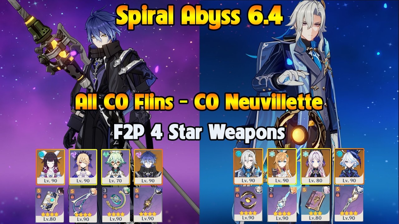 All C0 Flins - C0 Neuvillette Freeze F2P 4 Star Weapons | NEW SPIRAL ABYSS 6.4