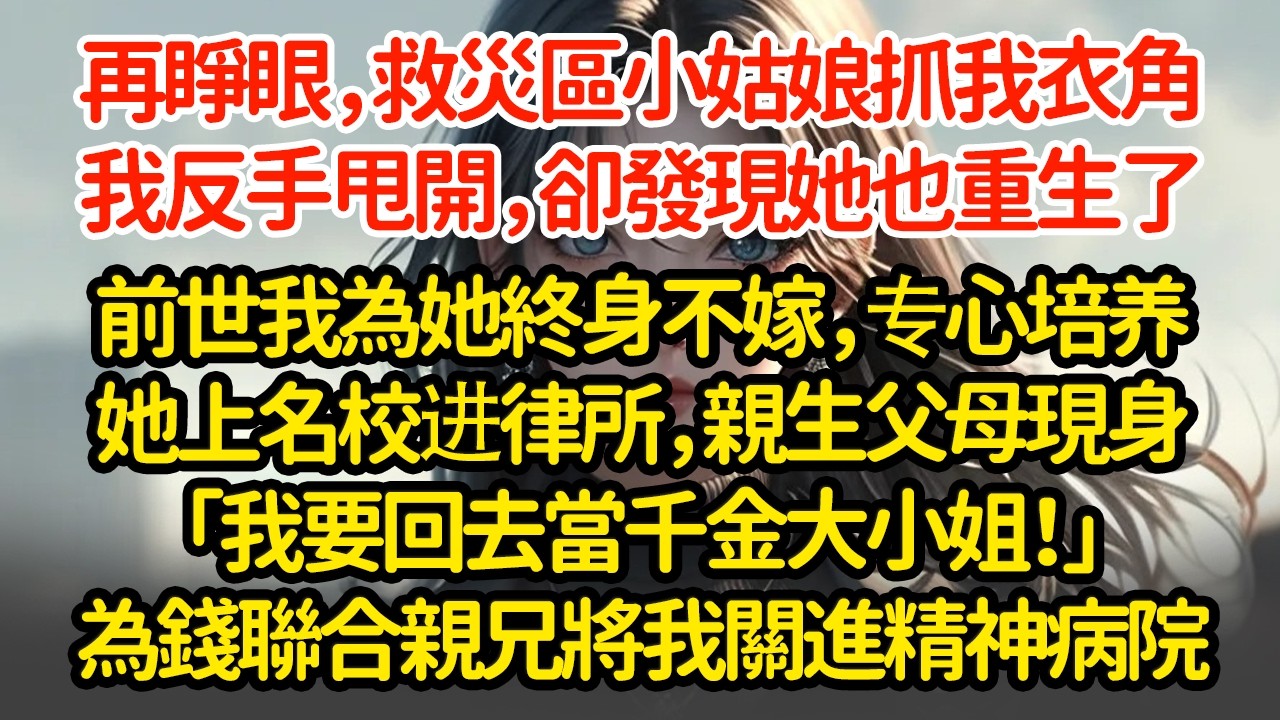 再睜眼，救災區小姑娘抓我衣角，我反手甩開，卻發現她也重生了前世我為她終身不嫁，专心培养她上名校进律所，親生父母現身「我要回去當千金大小姐！」為錢聯合親兄將我關進精神病院