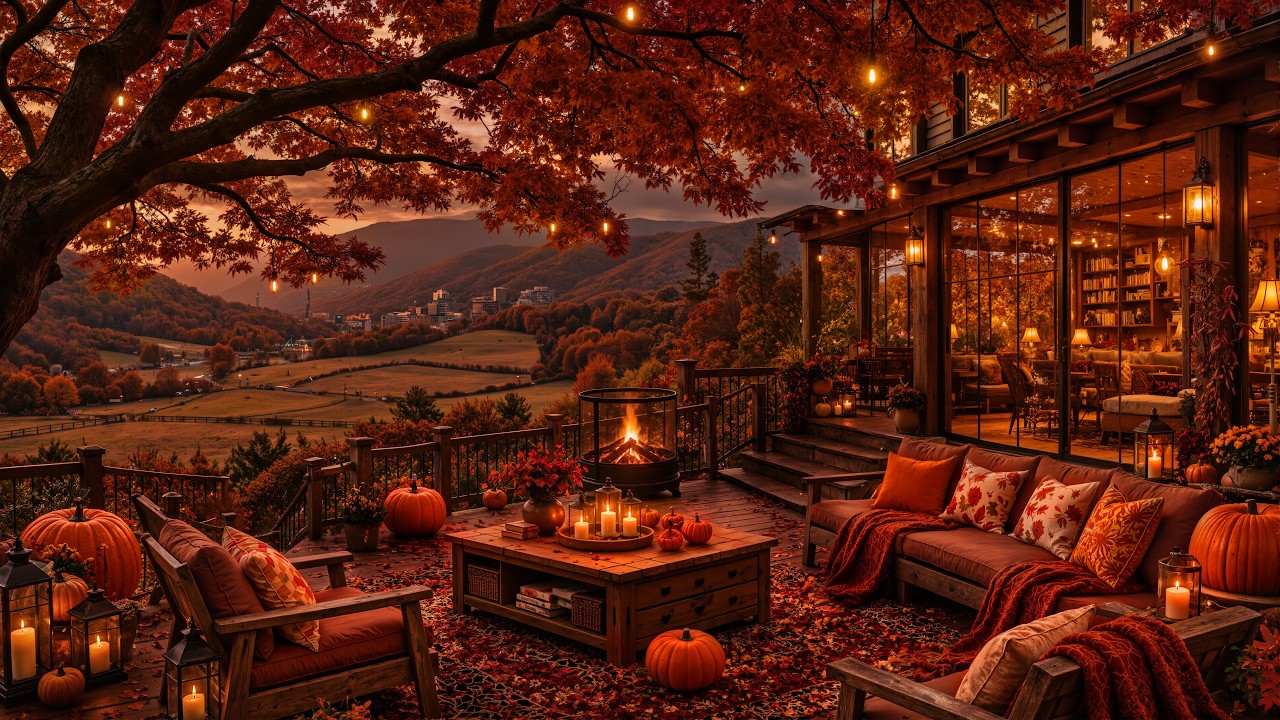 Pumpkin Ambience on a Fall Farm Porch with Jazz Relaxing 🎃 | Fire Pit Glow & Slow Leaves at Night