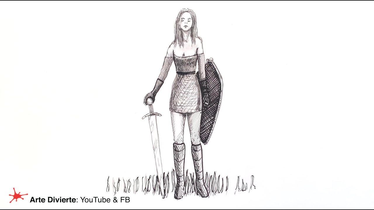 CÓMO DIBUJAR UNA BELLA MUJER CON ESPADA -  a tinta