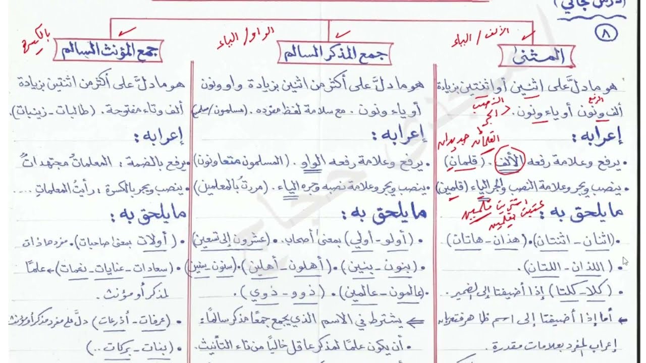 8/ المثنى وجمع المذكر السالم وجمع المؤنث السالم ، شرح كتاب الملخص في النحو