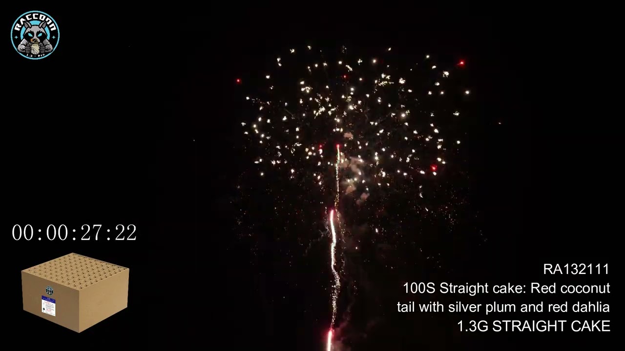 Raccoon Fireworks 1.3G RA132111 100S Straight cake: Red coconut tail with silver plum and red dahlia