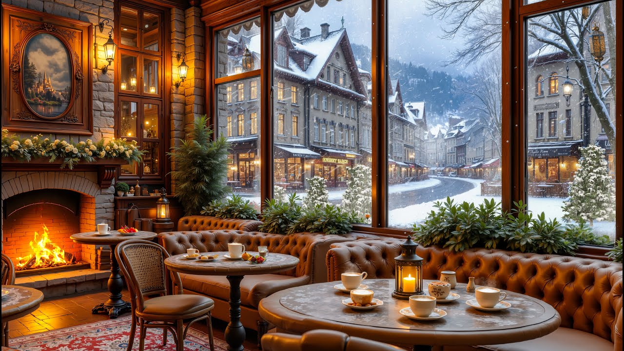 Winter Coffee Café ❄️ Cozy Fireplace Seating with Snowy European Old Town Street View for Relax