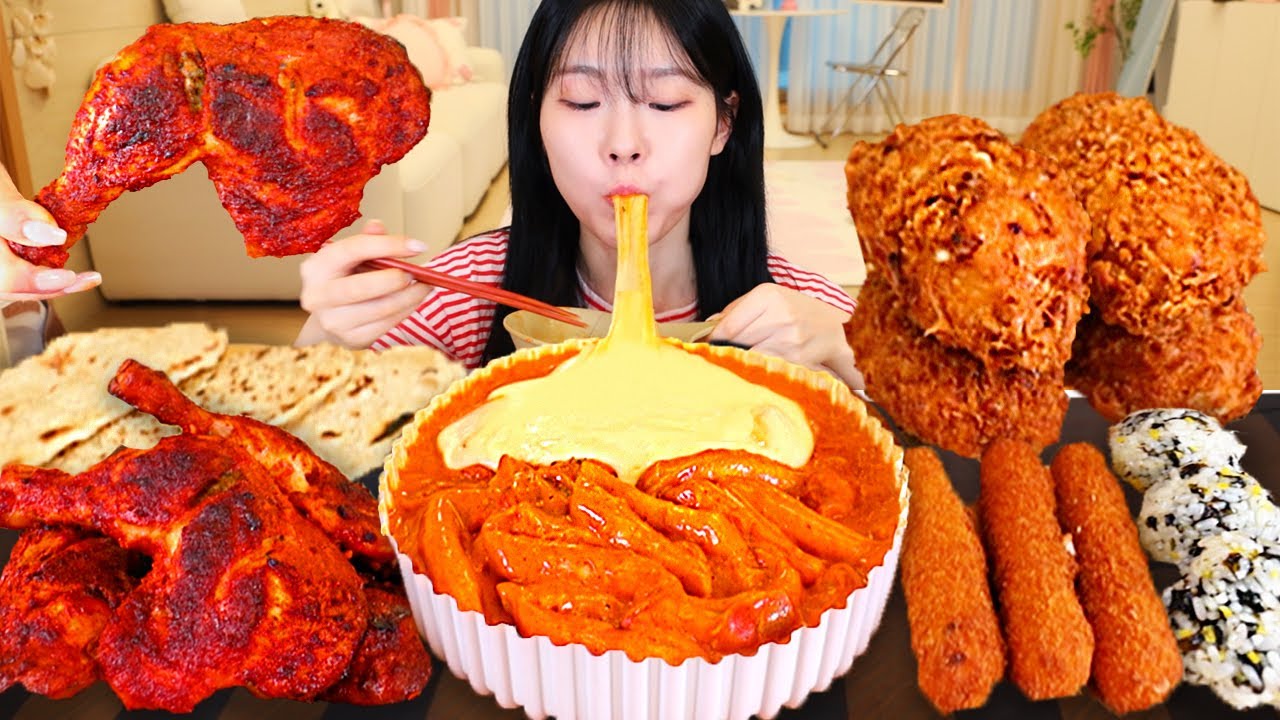 ASMR Мукбанг｜Карри Ттокпокки, приправленная курица, индийский нан и крокет