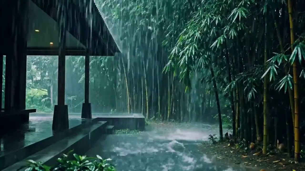 Night ASMR Heavy Rain Sounds on Terrace with Peaceful Green Bamboo Ambience for Deep Sleep 00120