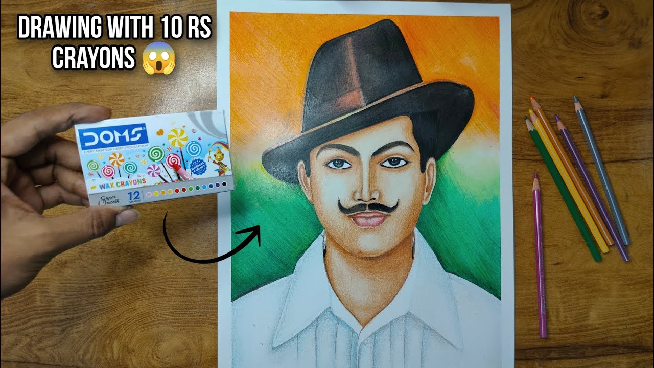 Bhagat Singh Drawing With 10 Rs Crayons || Step By Step