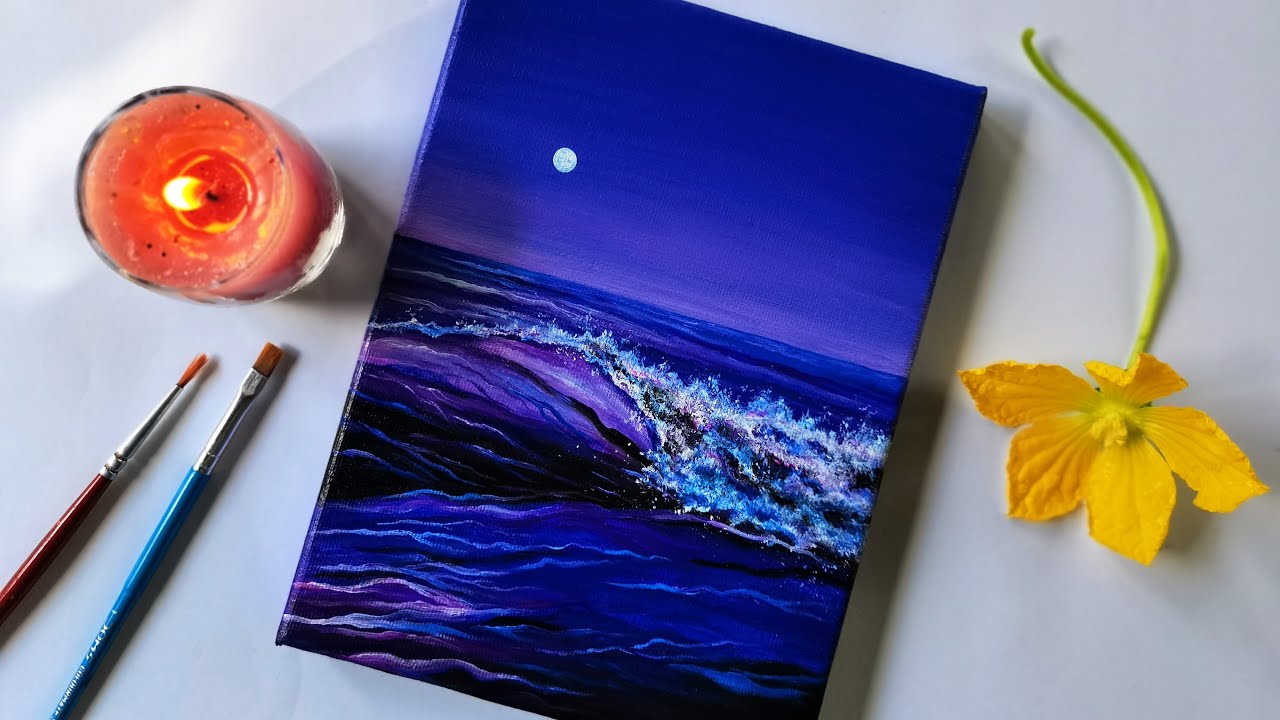 Peaceful Purple Sea Under the Evening Sky / Easy Painting Process for Beginners