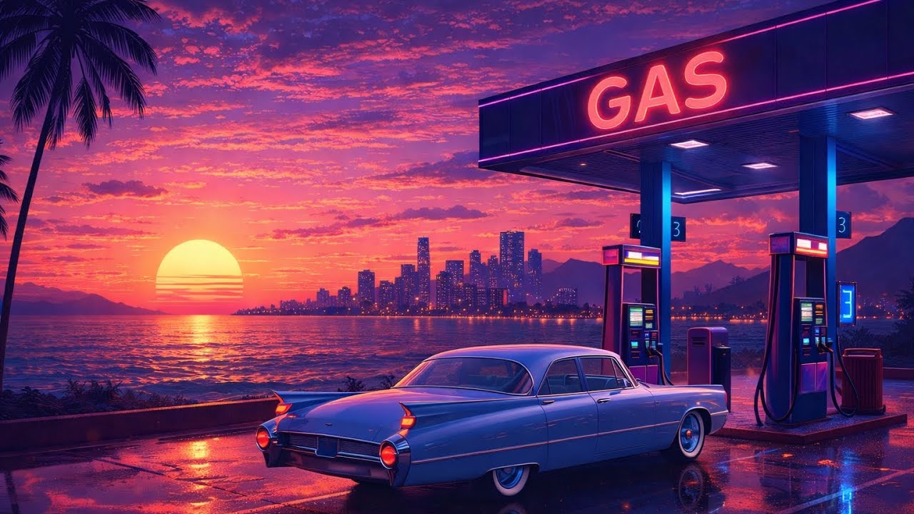 Miami Sunset Gas Stop 🌴 Synthwave Night Drive Ambience • 4K (1 Hour)