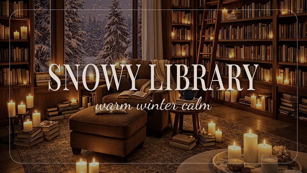 Snowy Library Ambience | Cozy Music & Warm Winter Calm