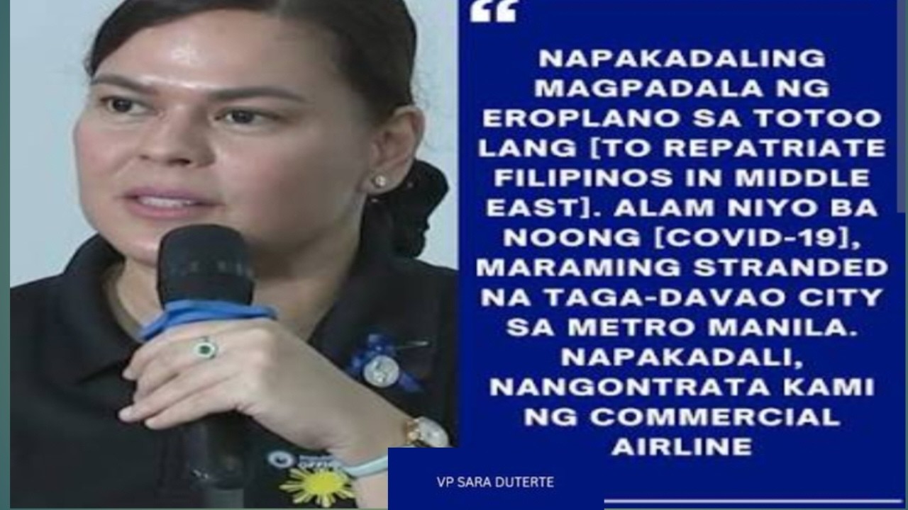 VP SARA: NAPAKADALING MAGPADALA NANG EROPLANO SA TOTOO LANG(TO REPATRIATE FILIPINOS IN MIDDLE EAST).