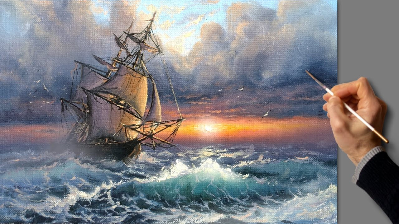👍 Морской пейзаж - Рассвет. Живопись акрилом. Уроки рисования. Искусство. Красивая картина. Хобби