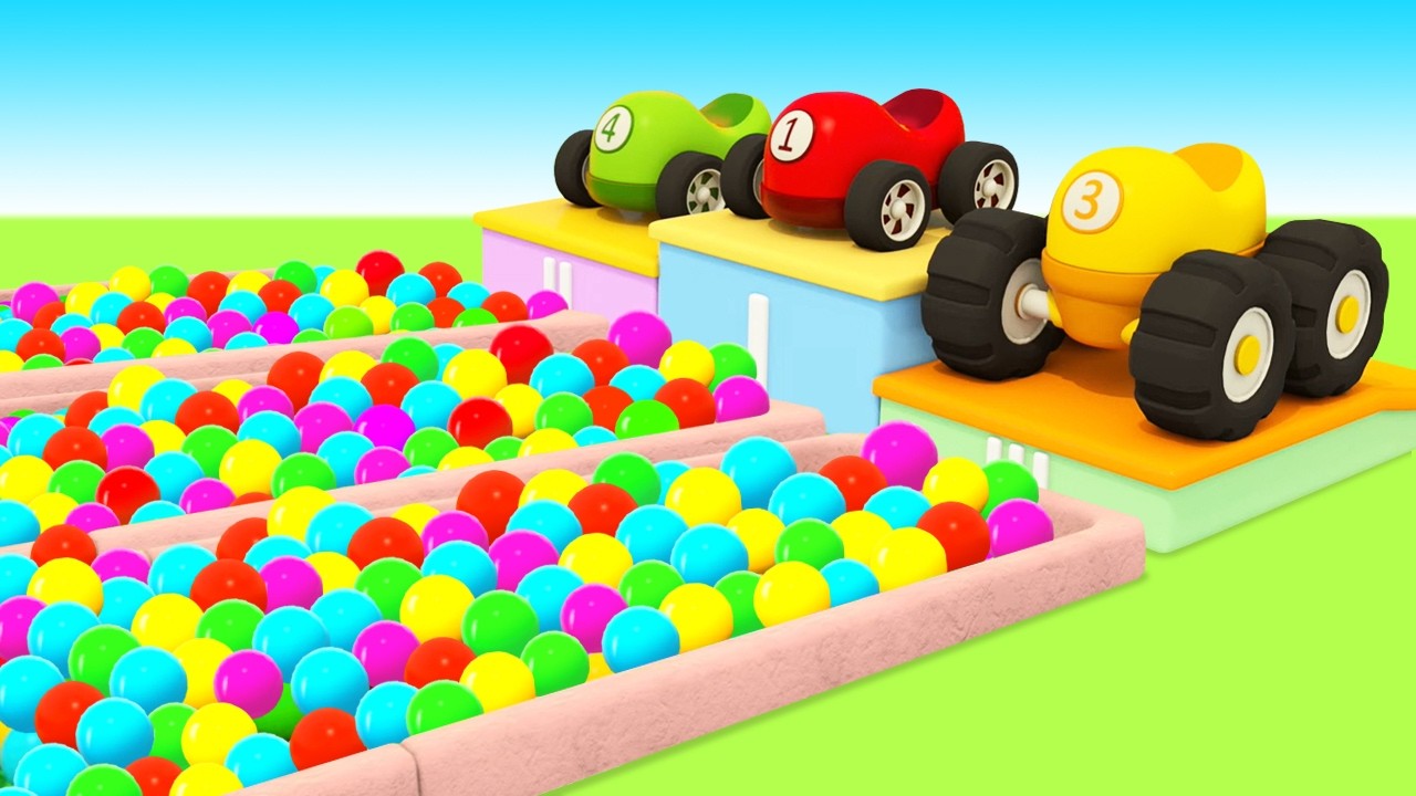 Small colorful racing cars compete in the long jump competition. Helper cars prepare the arena.