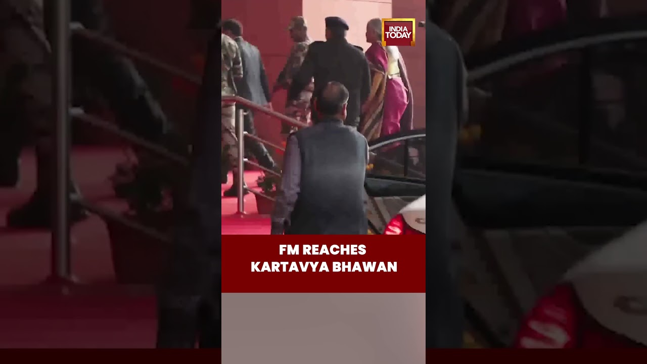 Indian Finance Budget 2026: Union Finance Minister Nirmala Sitharaman Arrives at Kartavya Bhawan