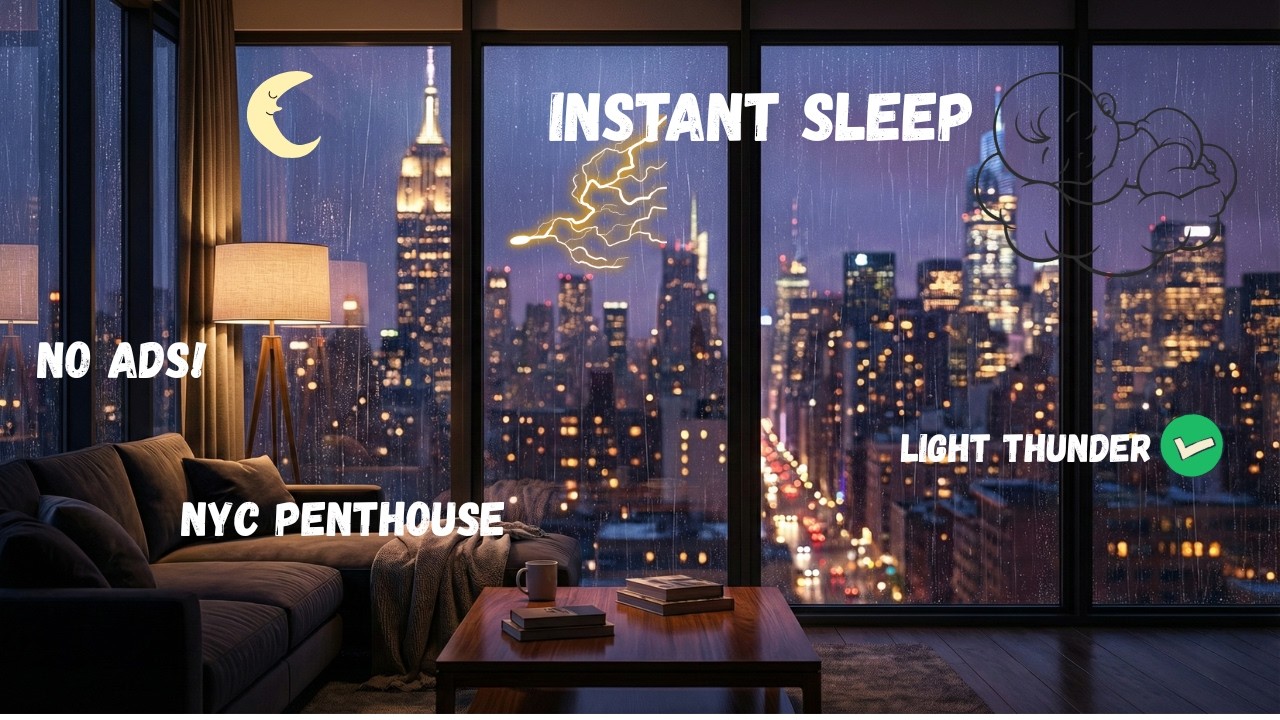 Gentle Night Storm (NYC Penthouse & NO ADS) – Rolling Rain & Distant Thunder for Sleep – 8 Hours
