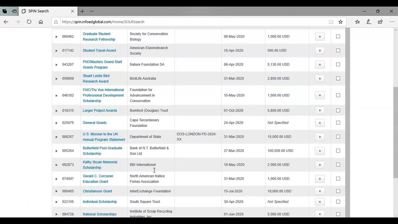 Searching SPIN grants database with filters