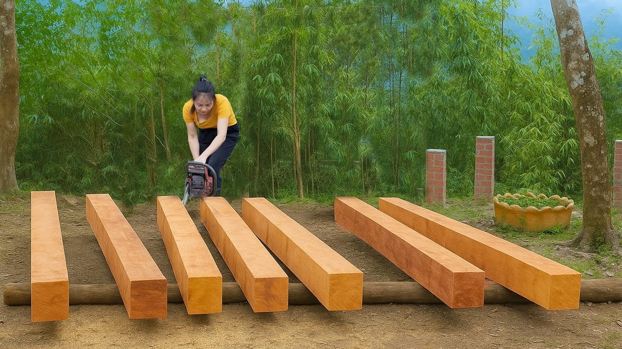 Leaving the City Behind - A Strong Girl Built Her Own Wooden House in the Middle of Nature
