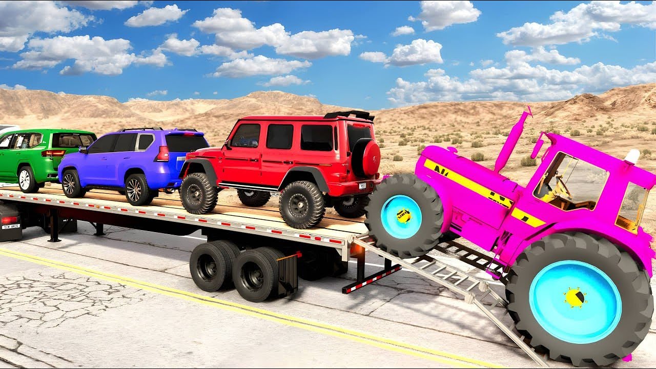 TRANSPORTING PIXAR CARS & FRUITS WITH COLORED & JOHN DEERE vs CLAAS vs TRACTORS - BeamNG.Drive