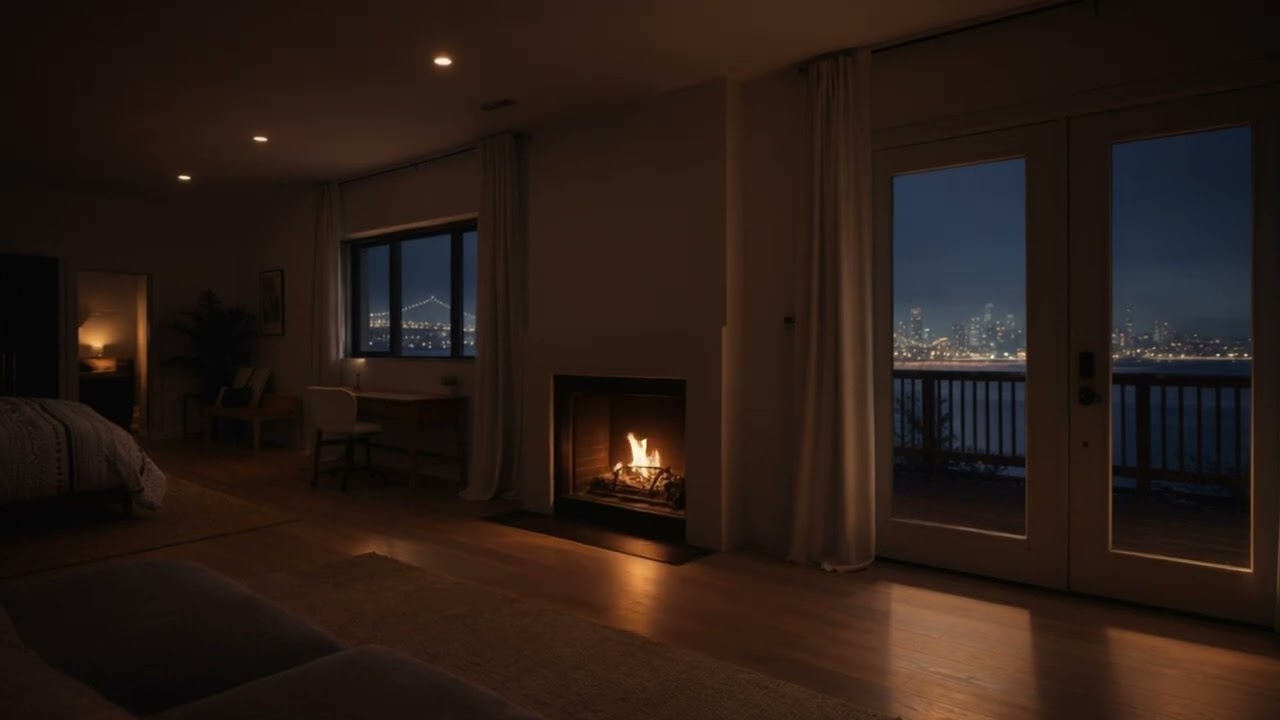 A Quiet Night Above the Bay 🌉 | Low-Light Fireplace Ambience Over San Francisco (8 Hours)