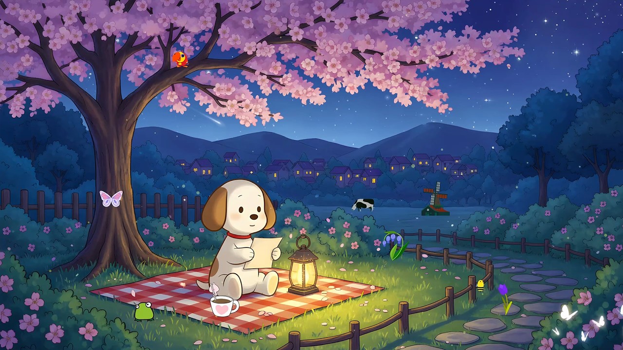 Puppy Reading Under Sakura 🌸 Lofi Hip Hop Beats To Relax & Study 🏮 Cozy Night Picnic With Starry