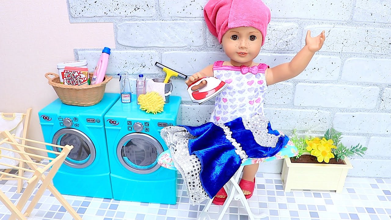 AG Doll Cleaning Routine with Laundry  - Play Dolls chores for kids