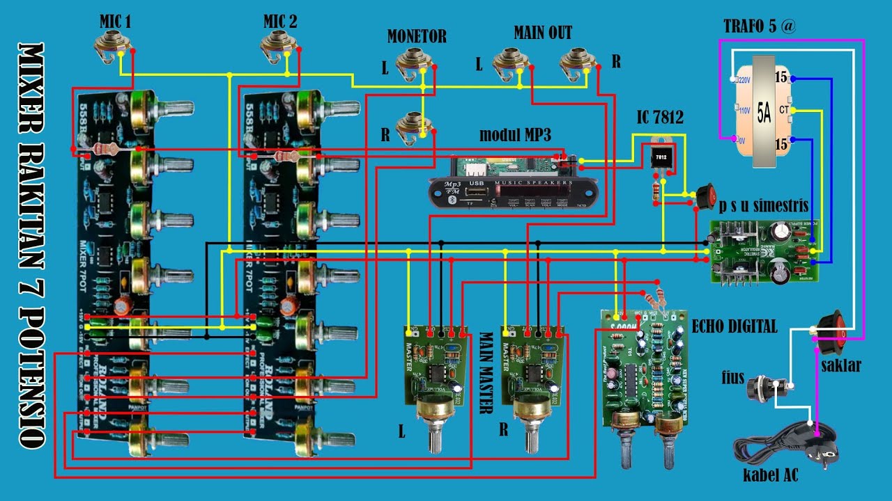 cara merakit mixer 7 potensio pakai modul mp3 & echo digital