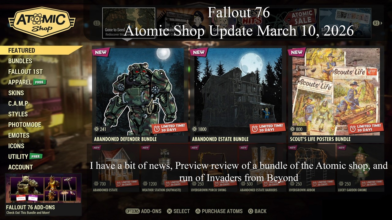 Fallout 76 Atomic Shop Update March 10, 2026