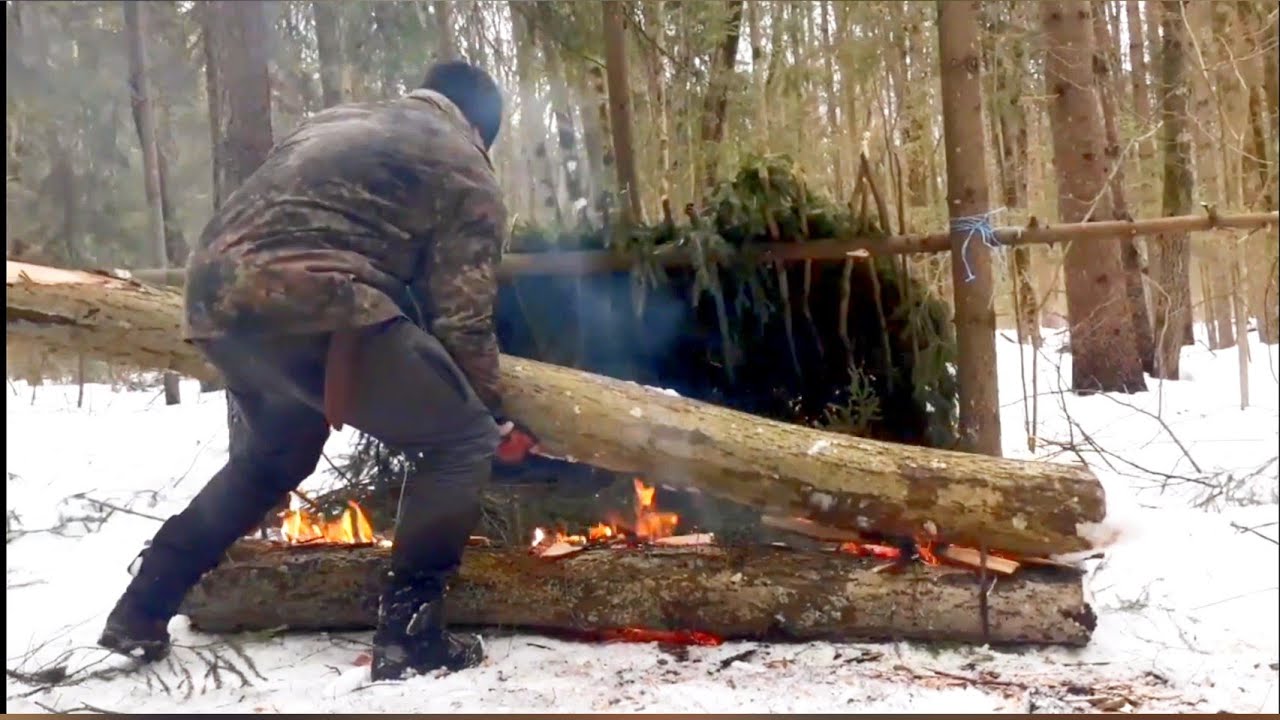 Bushcraft  shelter  building,  solo winter overnight, survival long log fire. ASMR.