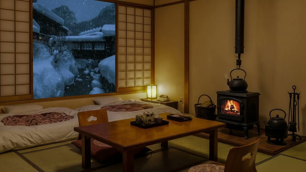Cozy Japanese Cabin with Fireplace – Soothing Snowfall Ambience for Sleep & Peaceful Winter Nights