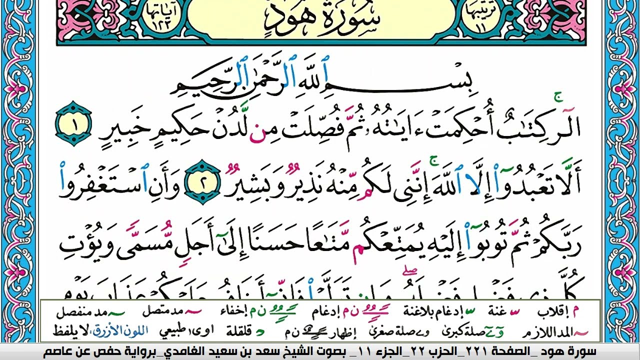 سورة هود كاملة سعد الغامدي ملون صفحة صفحة جودة عالية