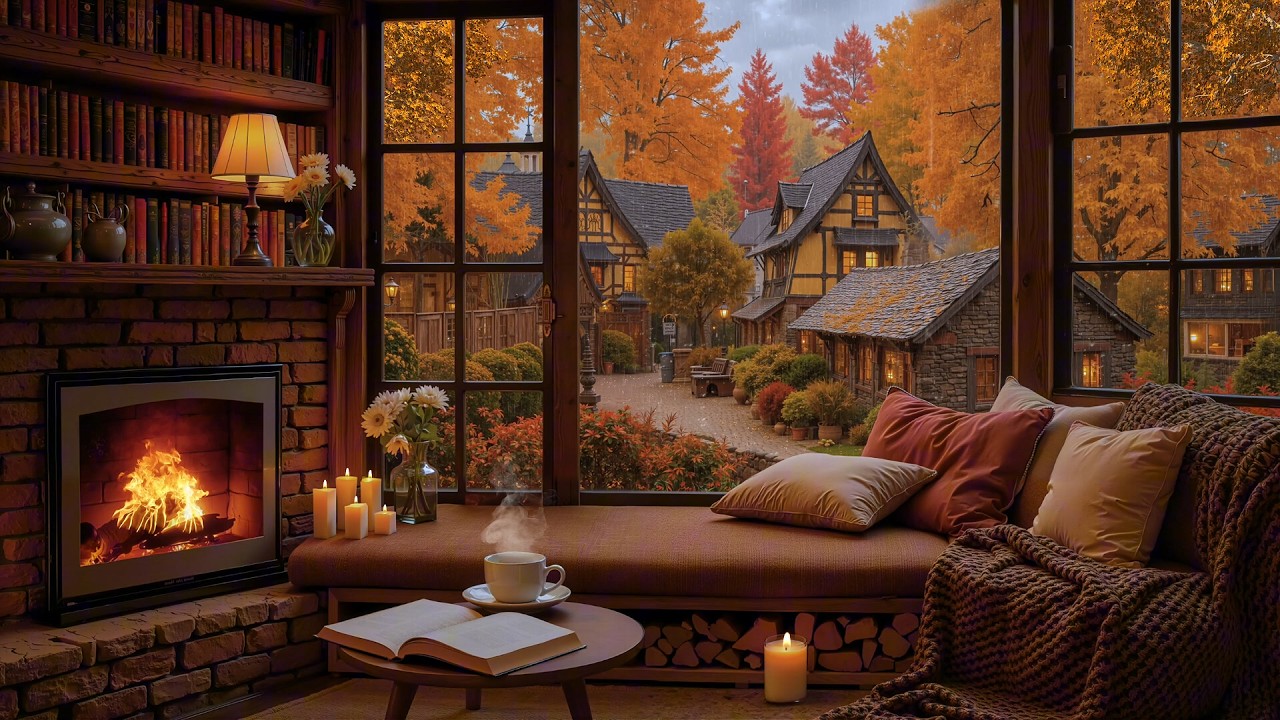 Tranquil Fall Reading Corner in Autumn Rain 🍁 Smooth Jazz, Rain & Fireplace for Study & Relax