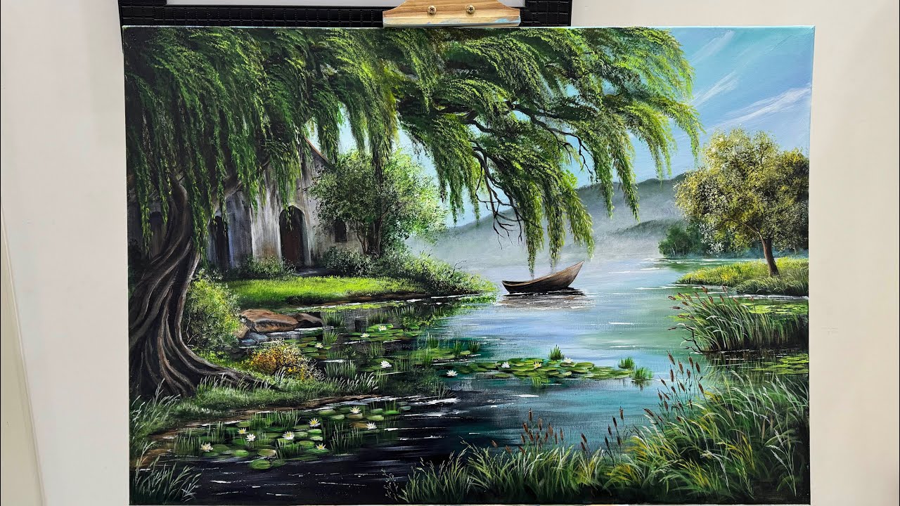 Weeping Willow Landscape Acrylic Painting || (Full Video) Step-by-step Nature Painting